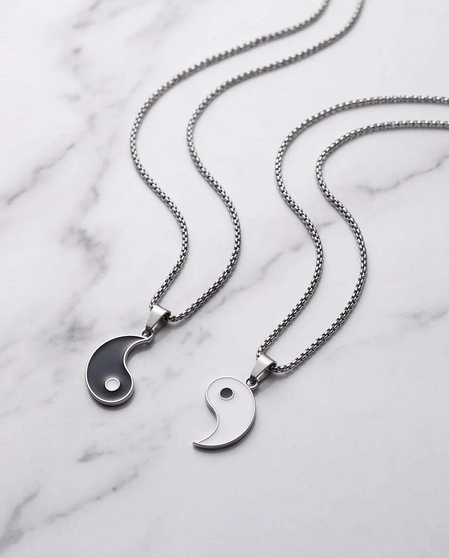 Silver Yin Yang Couple Enamel Pendant Necklace Set
