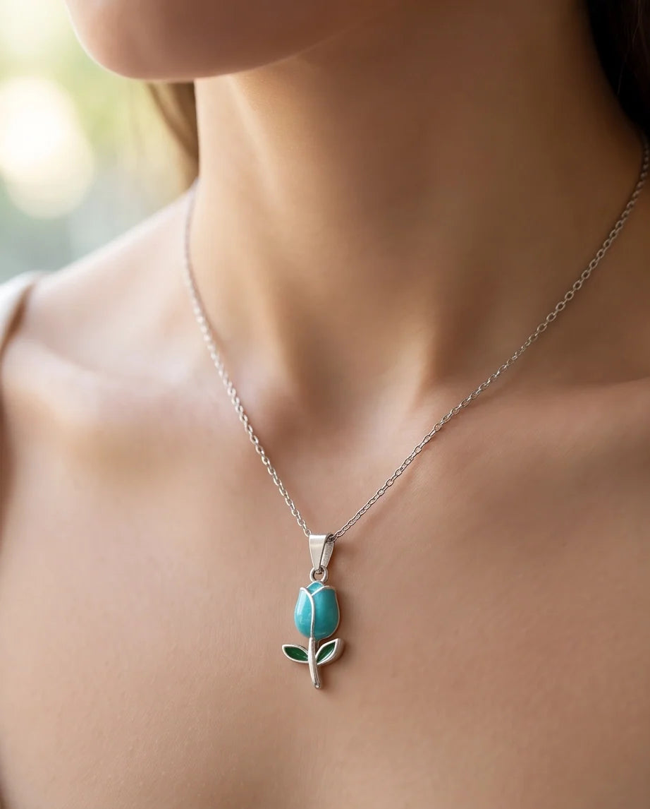 Silver Light Blue Enamel Tulip Pendant Necklace