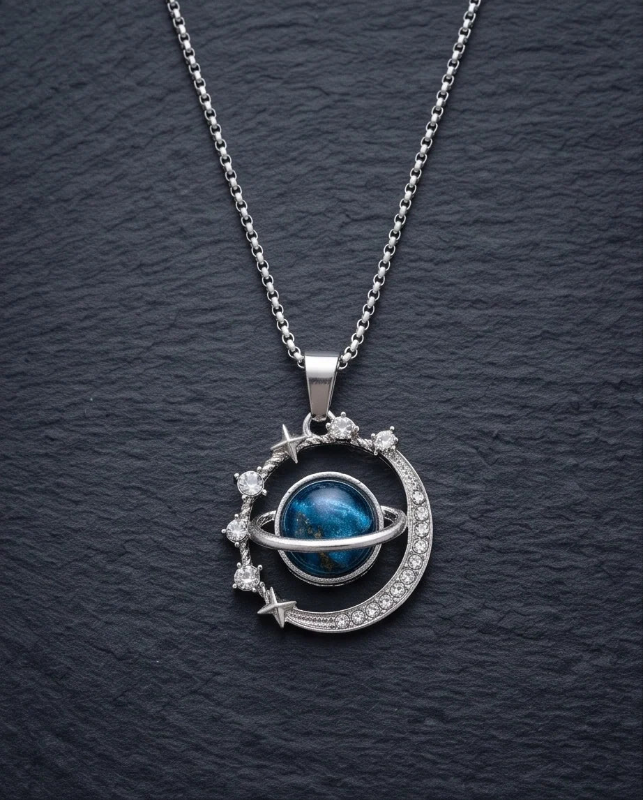 Silver Cosmic Galaxy Planet Crescent Pendant Necklace