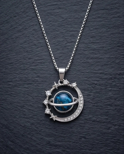 Silver Cosmic Galaxy Planet Crescent Pendant Necklace