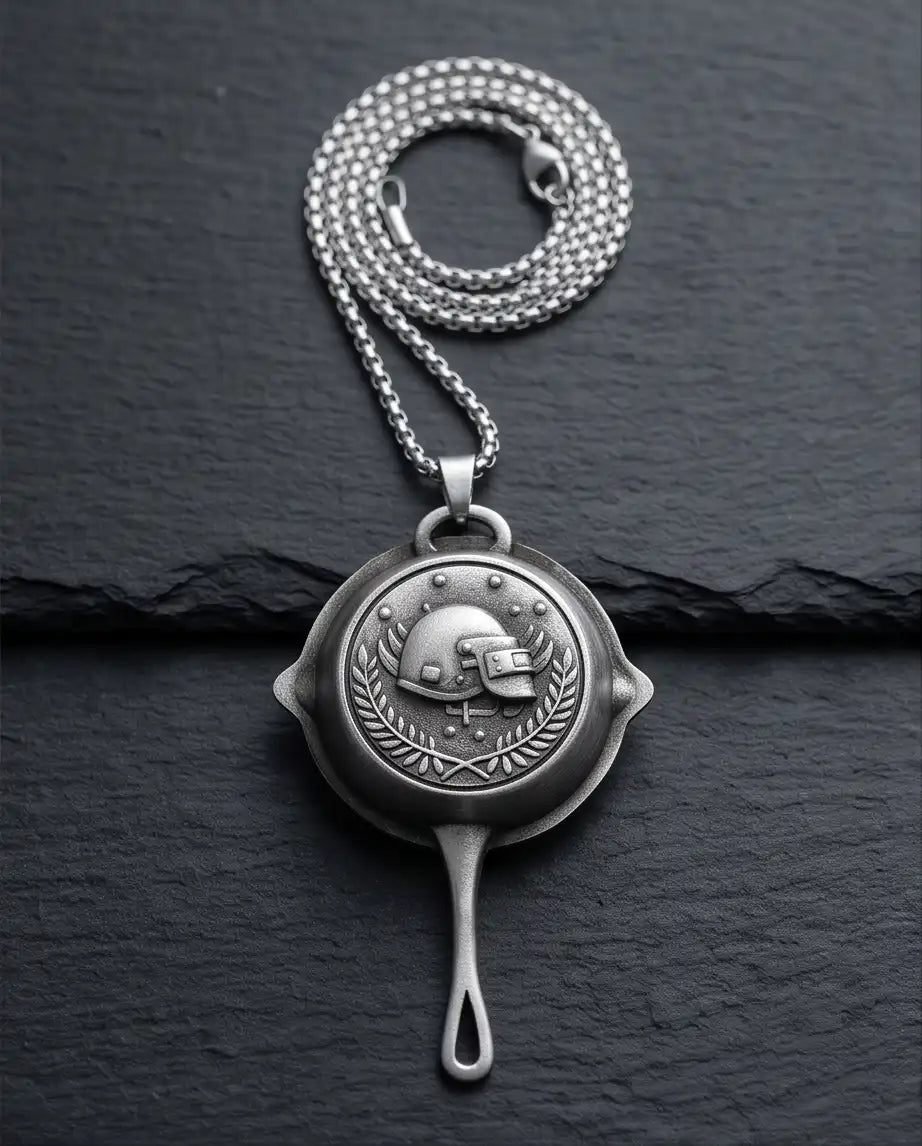 PUBG Frying Pan & Helmet Emblem Silver Box Chain Necklace