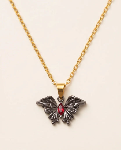 Black Gothic Butterfly Red Gem Pendant Necklace