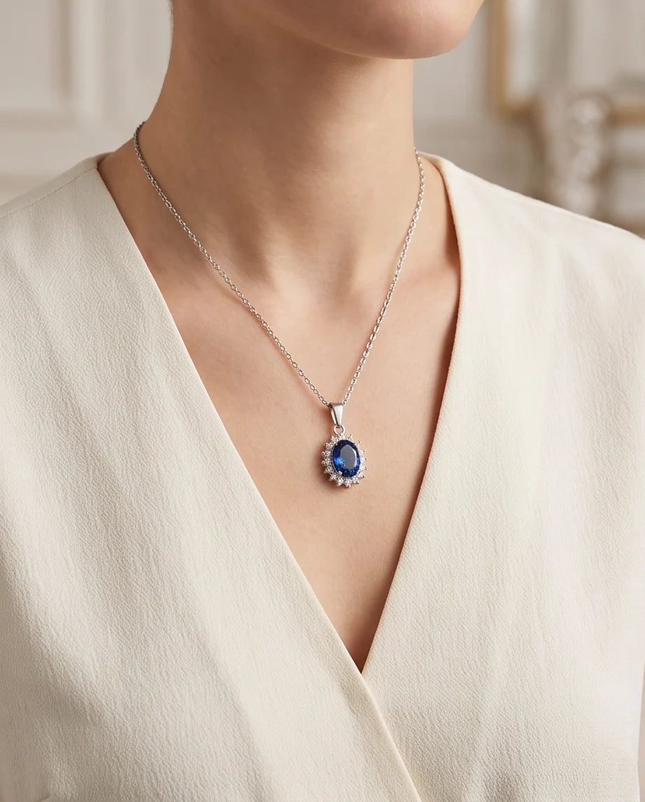 Silver Sapphire Blue Oval Halo Medallion Pendant Necklace