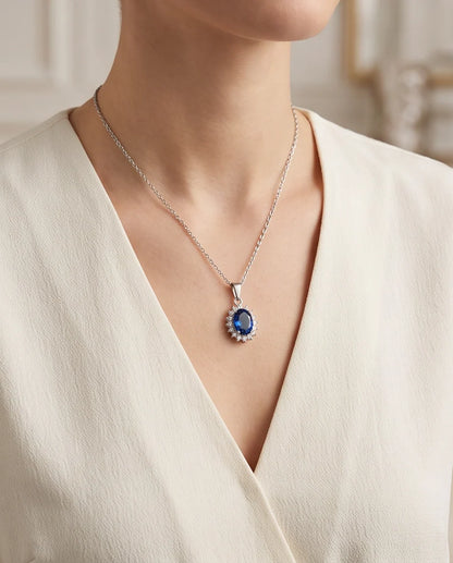 Silver Sapphire Blue Oval Halo Medallion Pendant Necklace