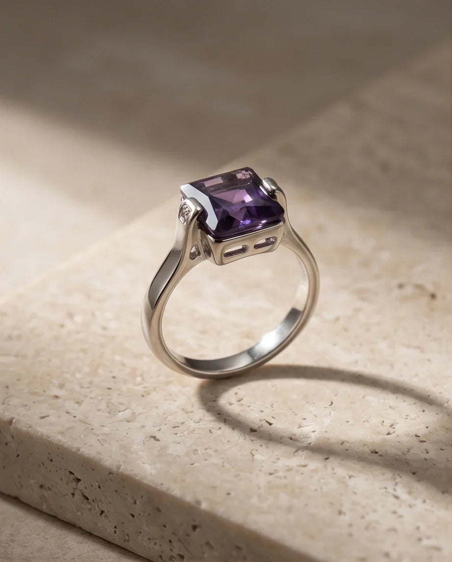 Sterling Silver Deep Amethyst Princess Cut Solitaire Ring