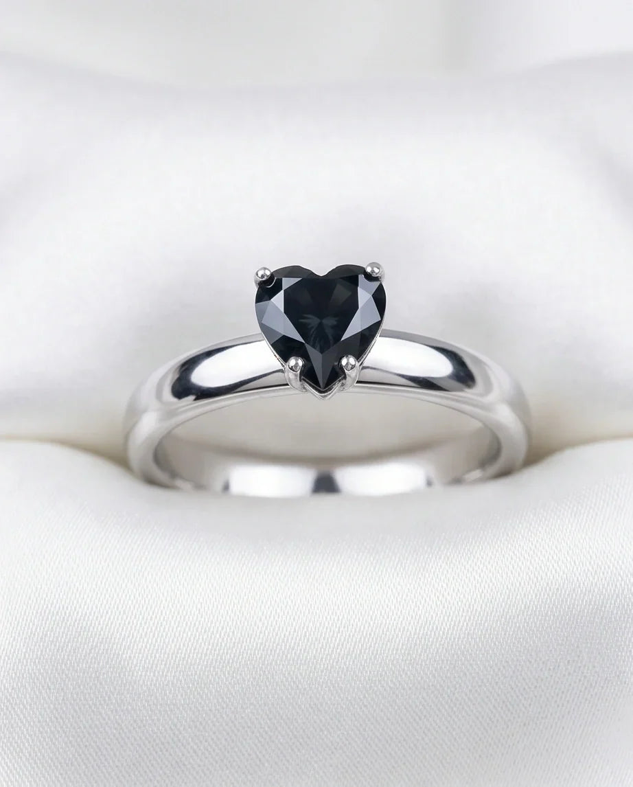 Sterling Silver Heart-Cut Black Onyx Solitaire Ring