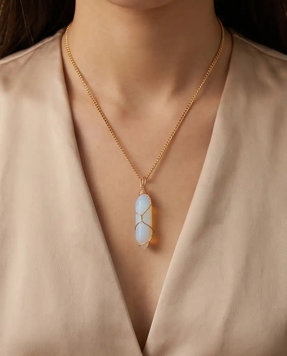 Wire-Wrapped Synthetic Opal Crystal Point Pendant Box Chain