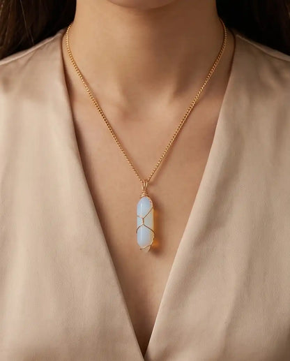 Wire-Wrapped Synthetic Opal Crystal Point Pendant Box Chain