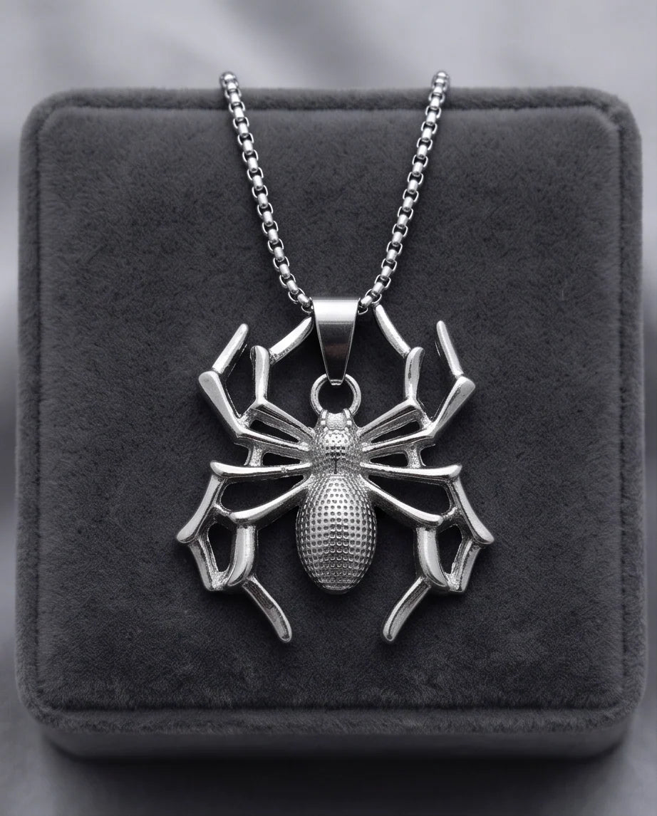 Silver Textured Spider Pendant Necklace