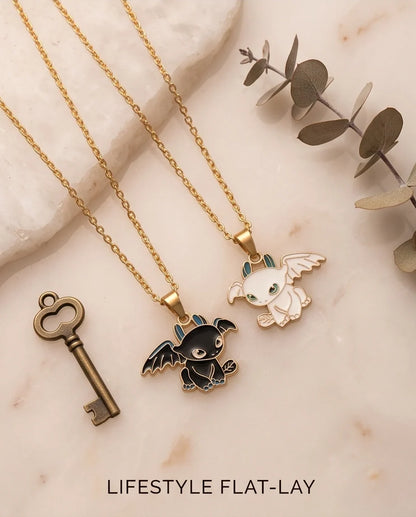 Gold Dragon Couple Enamel Pendant Necklace Set