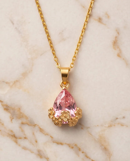 Gold Pink Teardrop Floral Basket Pendant Necklace