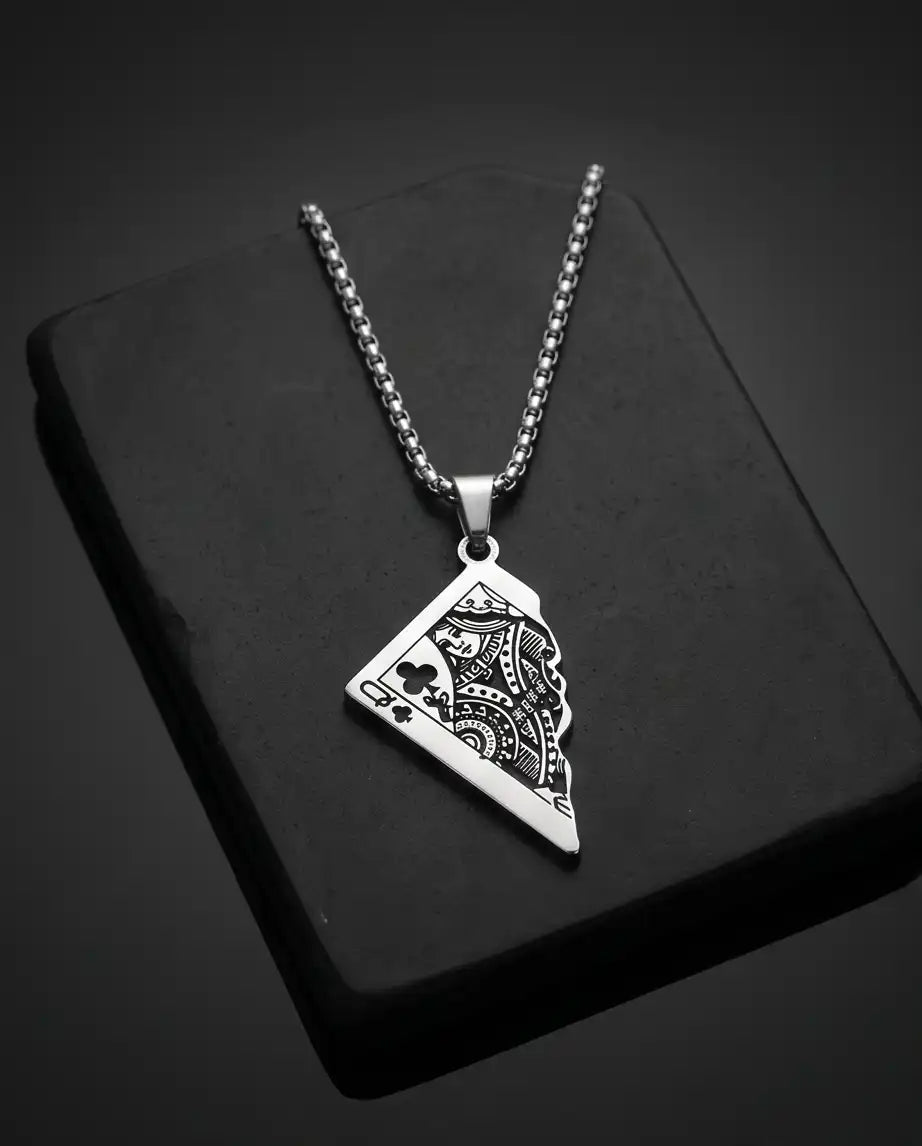 Broken Playing Card Queen Pendant Box Chain
