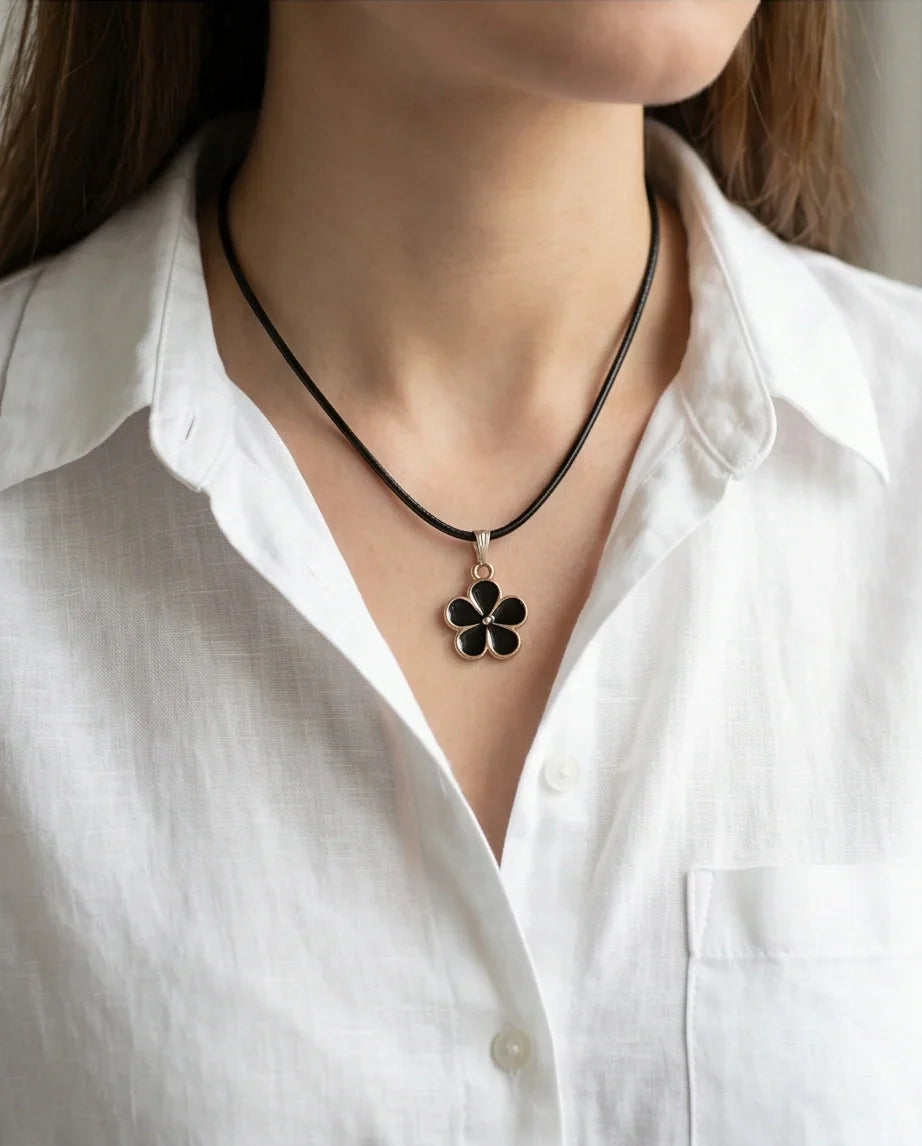Gold and Black Flower Pendant Necklace