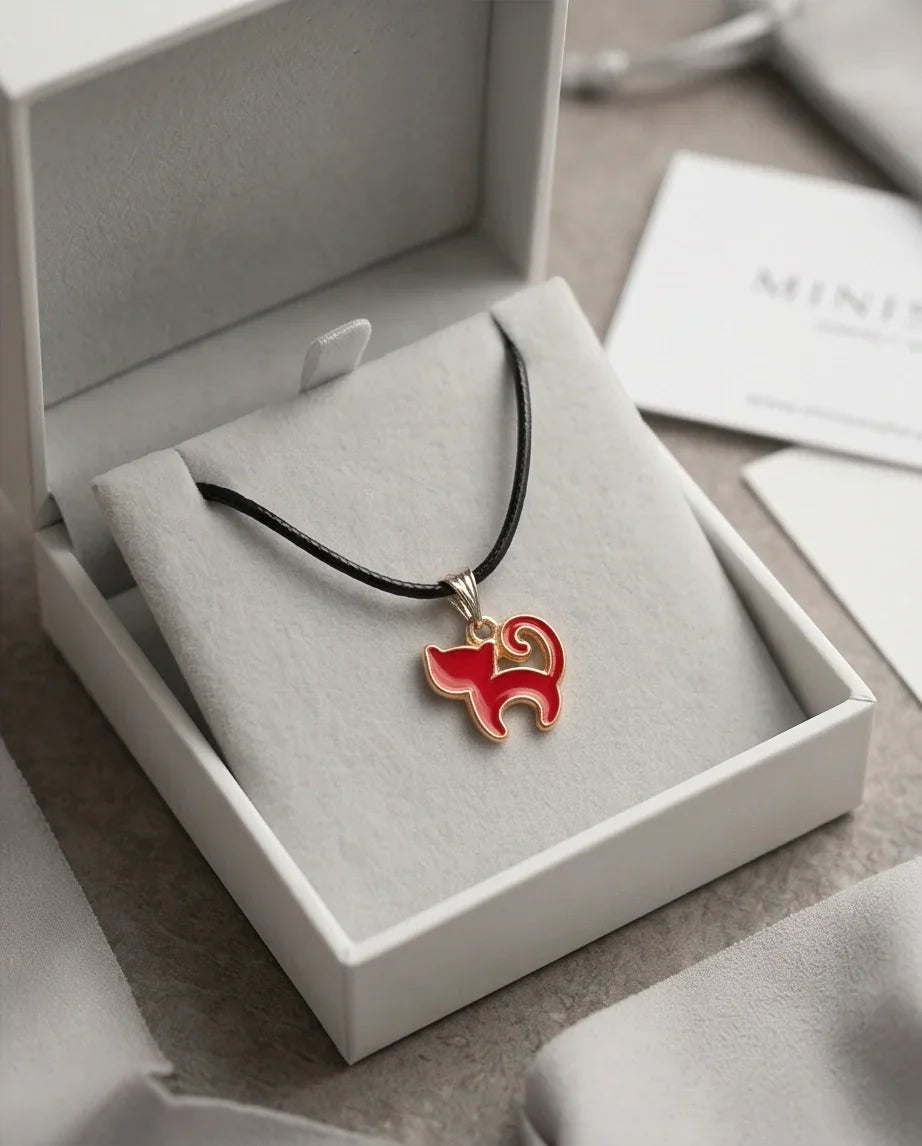 Gold and Red Cat Pendant Necklace