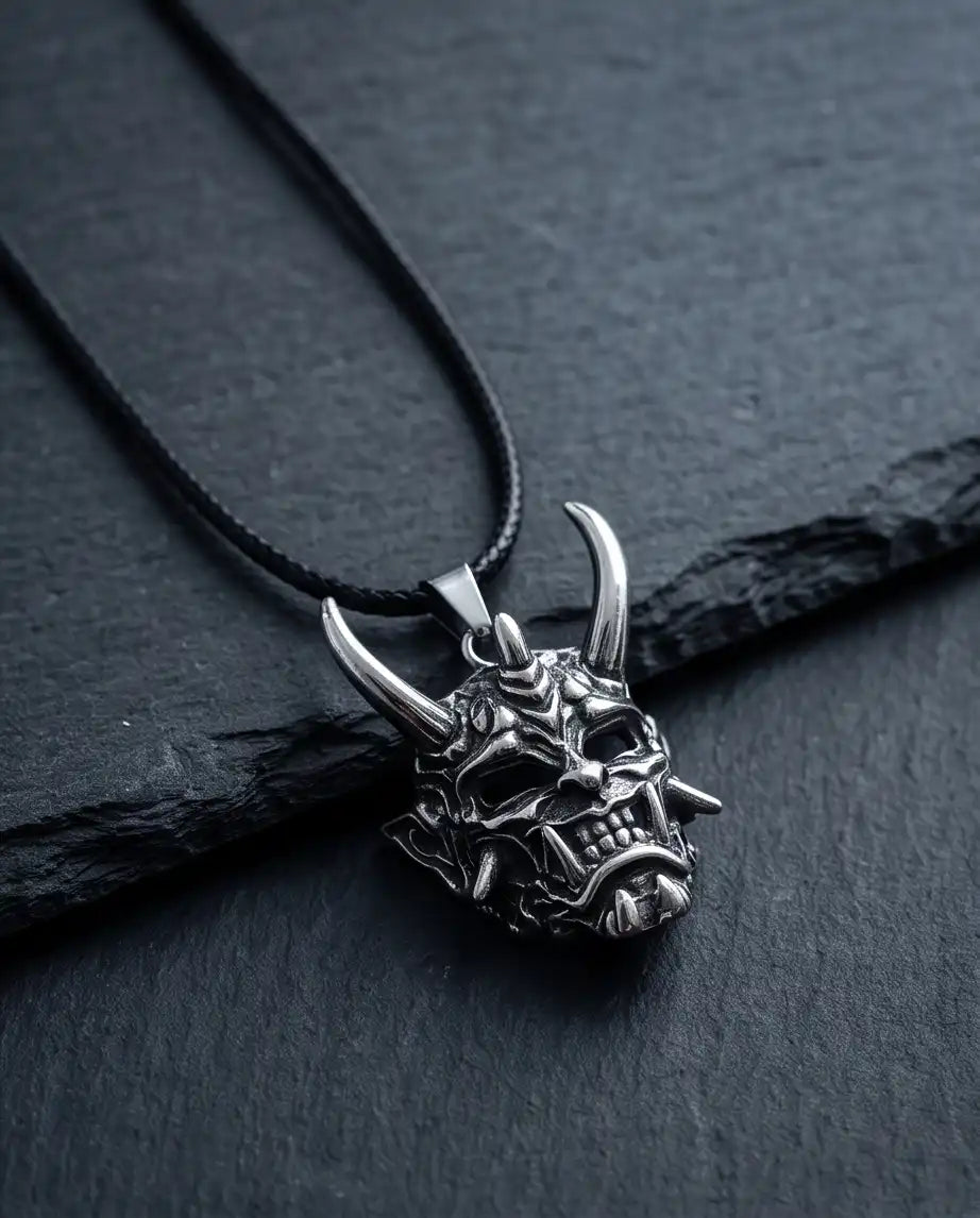 Japanese Horned Oni Mask Pendant Box Chain