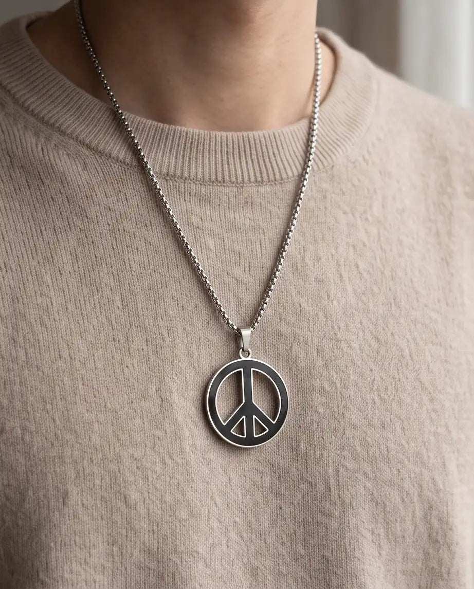 Black Enamel Peace Symbol Medallion Silver Box Chain Necklace
