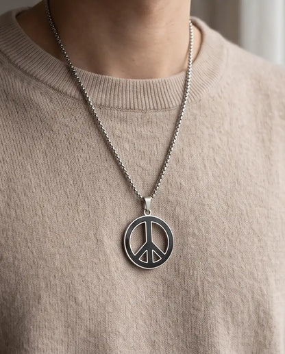 Black Enamel Peace Symbol Medallion Silver Box Chain Necklace