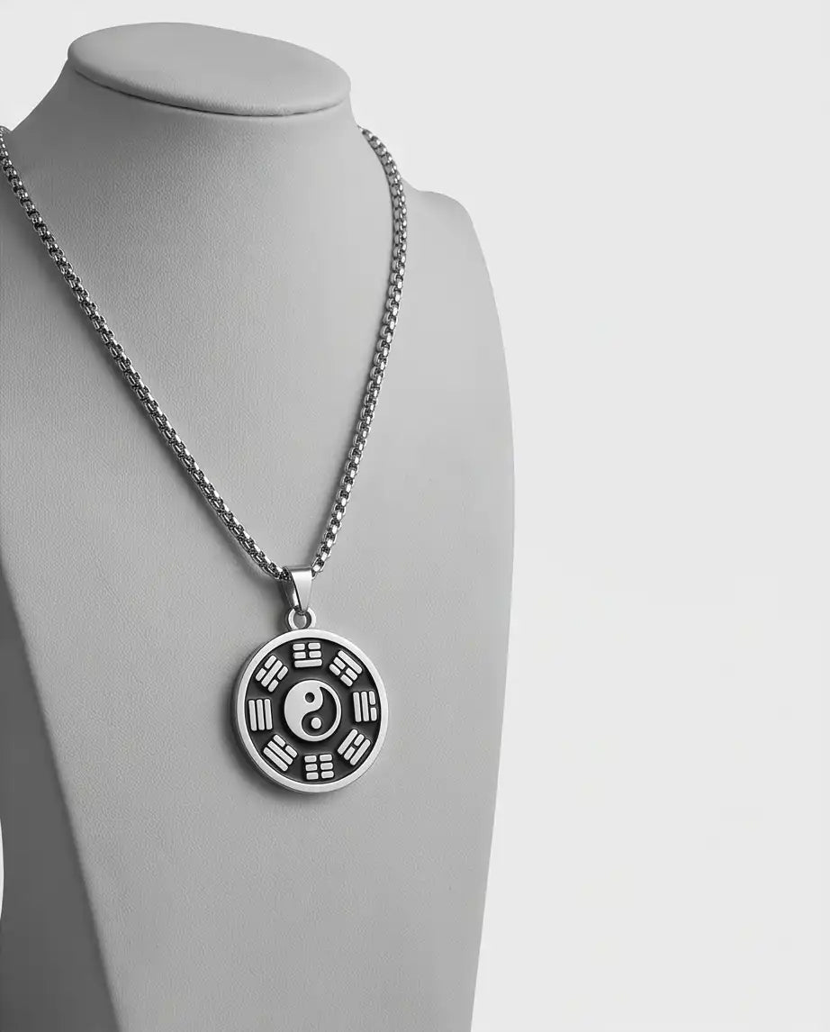 Yin Yang Bagua Symbol Medallion Silver Box Chain Necklace