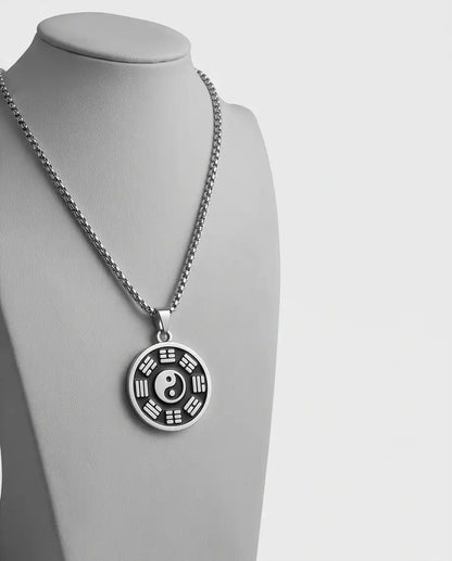 Yin Yang Bagua Symbol Medallion Silver Box Chain Necklace
