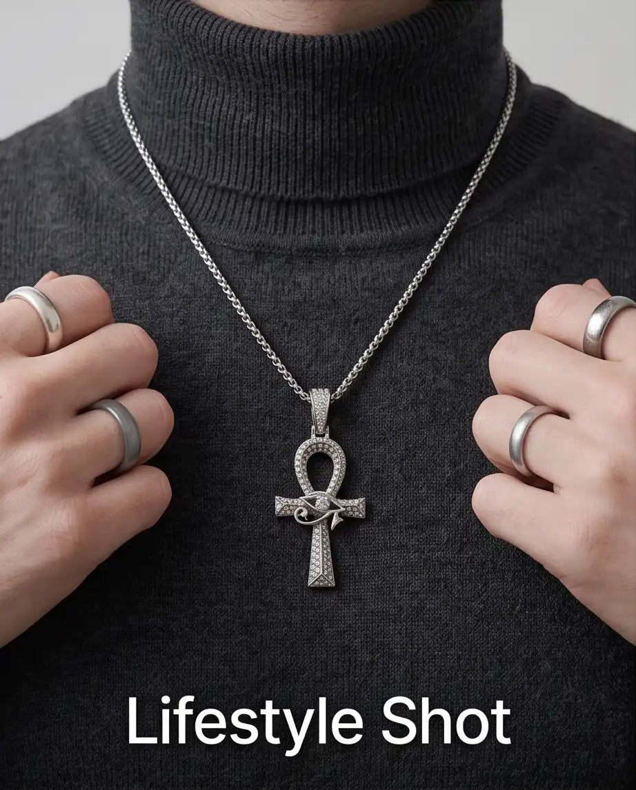 Iced Egyptian Ankh Cross & Eye of Horus Pendant Silver Box Chain Necklace
