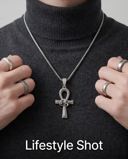 Iced Egyptian Ankh Cross & Eye of Horus Pendant Silver Box Chain Necklace