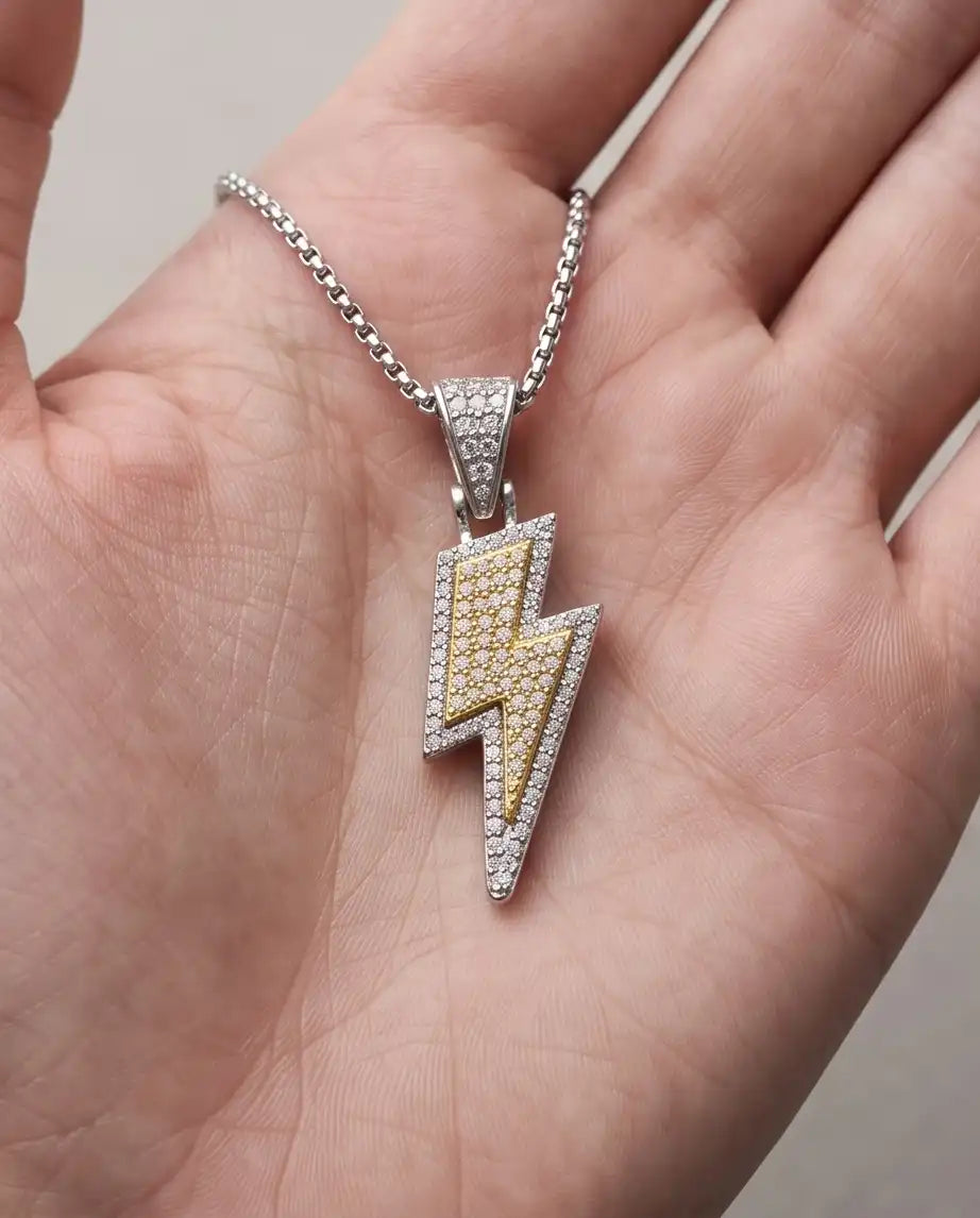 Iced Two-Tone Lightning Bolt Pendant Box Chain