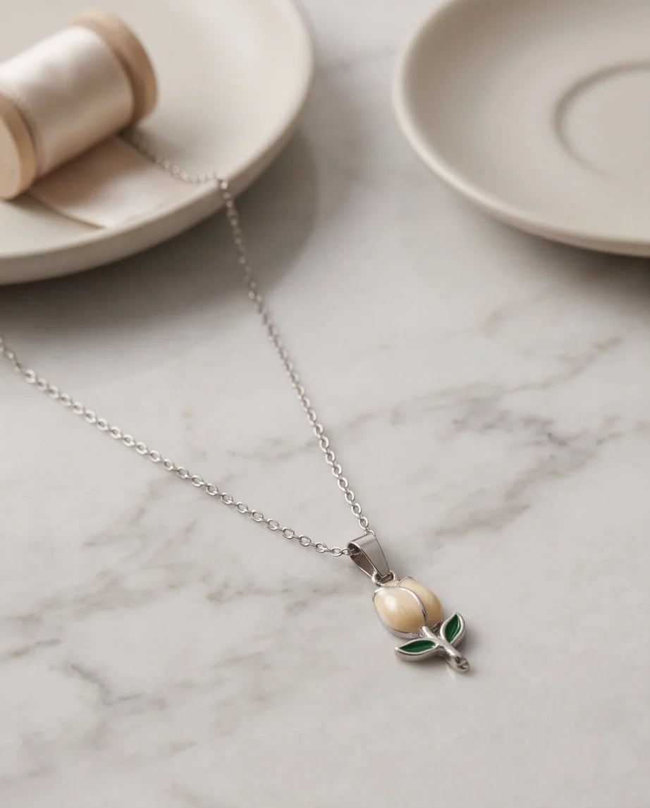 Silver Yellow Enamel Tulip Pendant Necklace