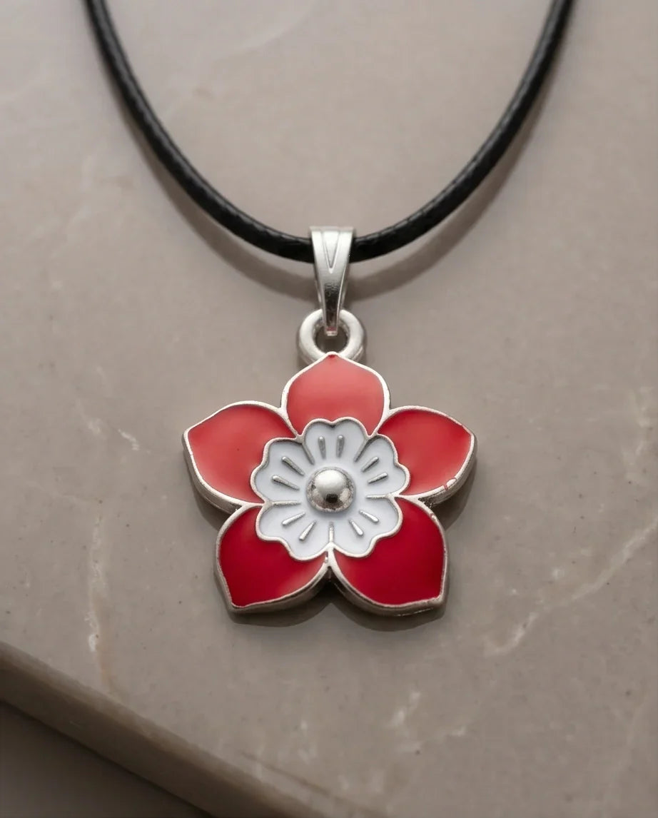 Vibrant Red and White Layered Floral Enamel Pendant Necklace