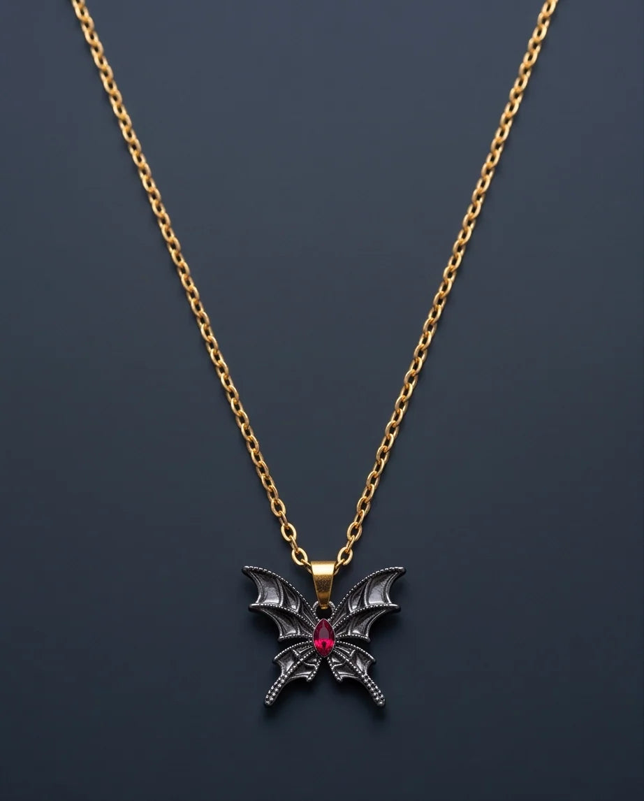 Black Bat-Wing Butterfly Red Gem Pendant Necklace