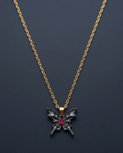 Black Bat-Wing Butterfly Red Gem Pendant Necklace