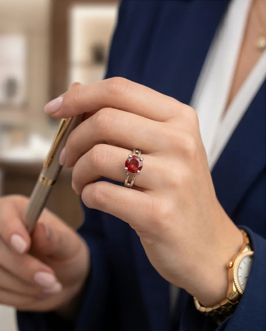 Sterling Silver Round-Cut Split Shank Garnet Red Solitaire Ring