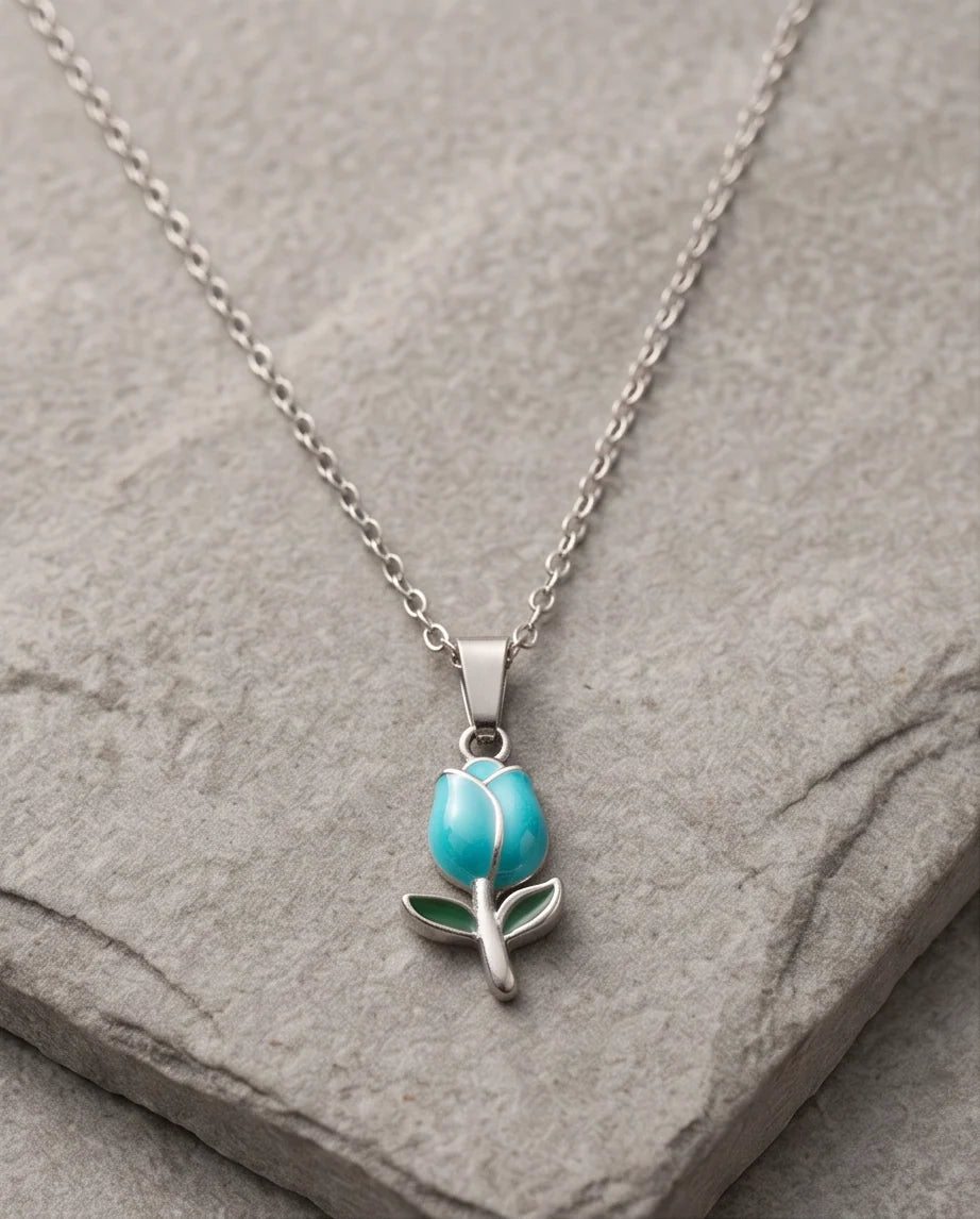 Silver Light Blue Enamel Tulip Pendant Necklace