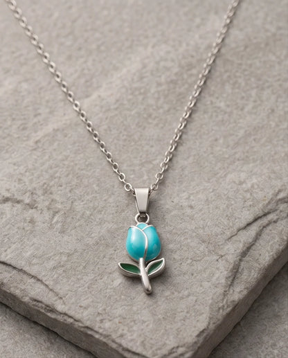 Silver Light Blue Enamel Tulip Pendant Necklace