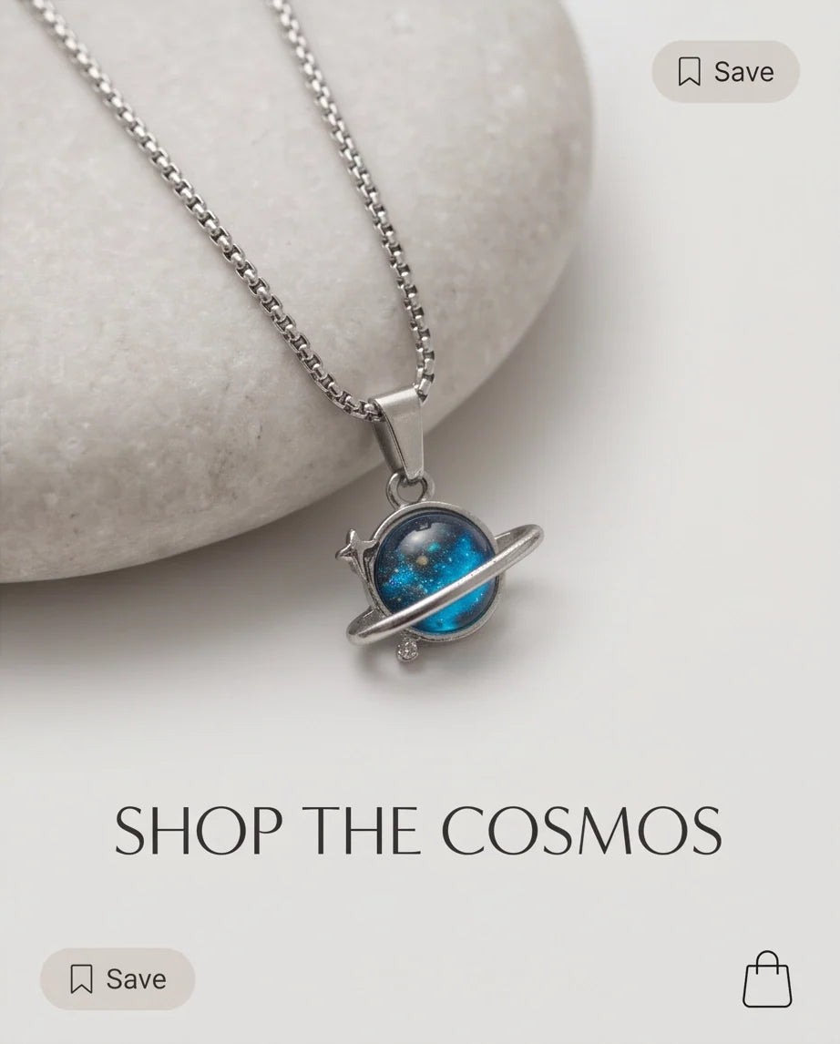 Silver Cosmic Saturn Galaxy Ring Pendant Necklace