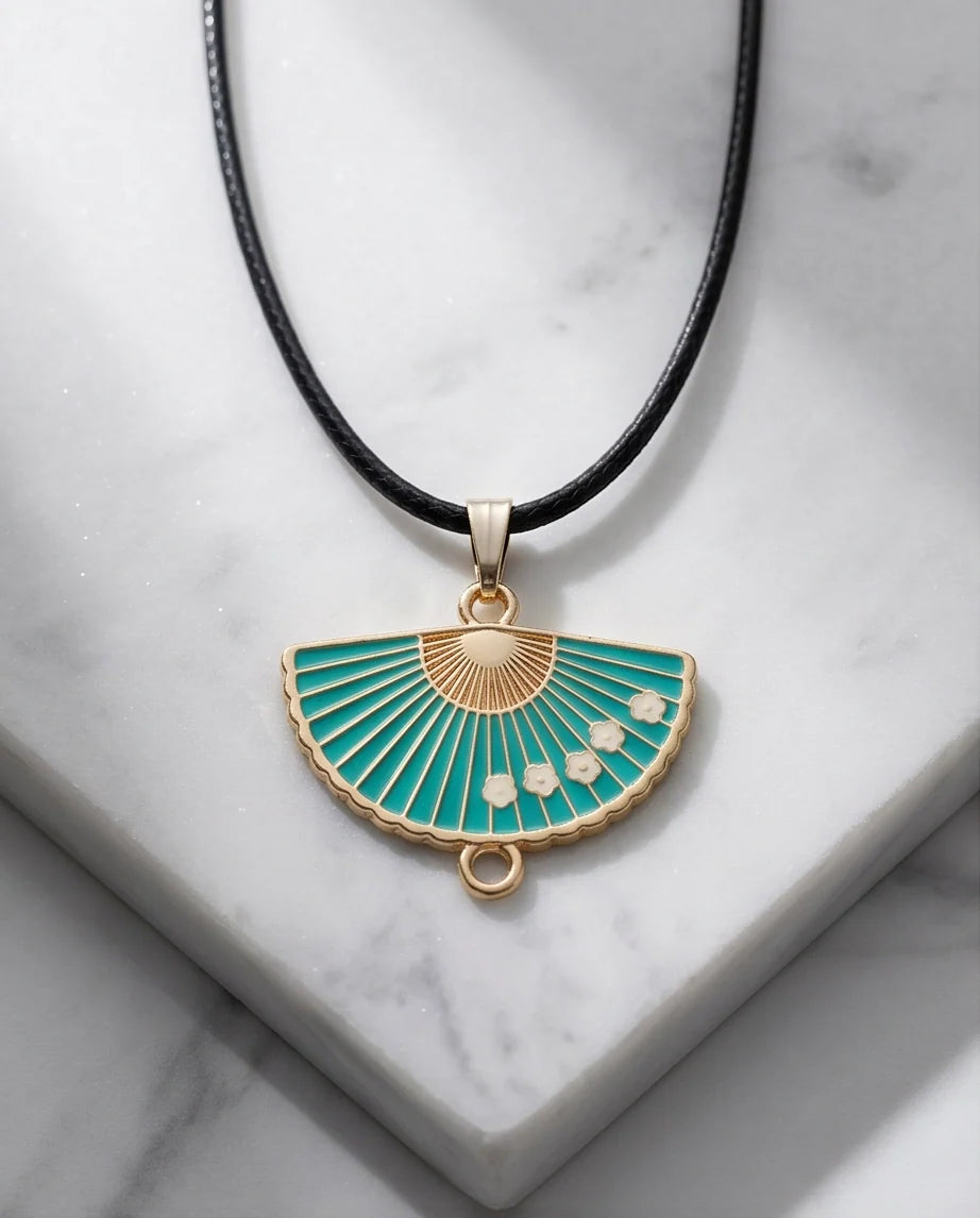 Teal Floral Fan Pendant Necklace