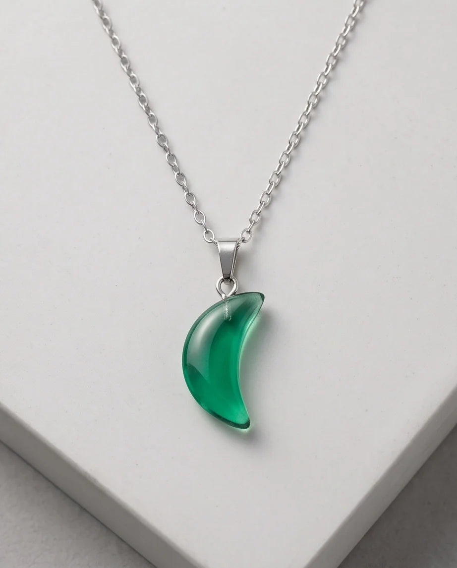 Silver Emerald Green Crescent Moon Pendant Necklace