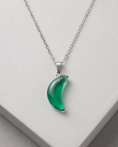 Silver Emerald Green Crescent Moon Pendant Necklace
