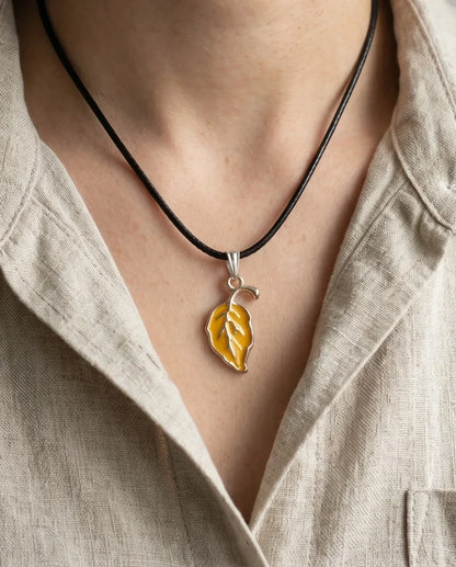 Golden Autumn Leaf Enamel Pendant Necklace