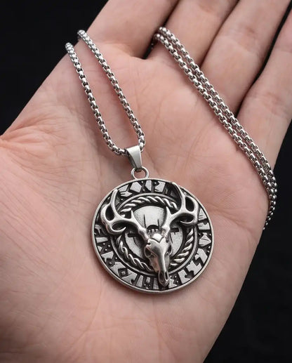 Antiqued Norse Rune Deer Skull Pendant Box Chain