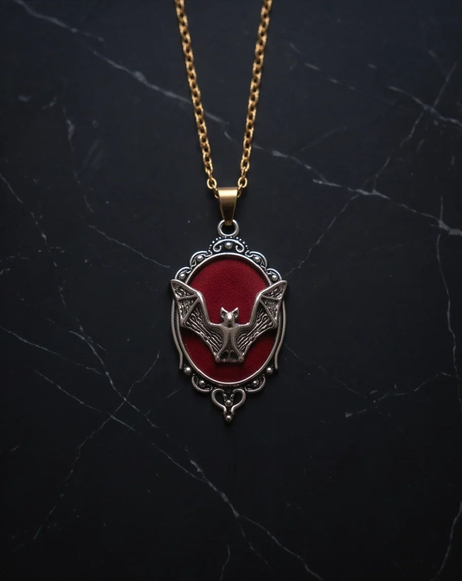 Antique Silver Gothic Bat Red Enamel Medallion Chain Necklace