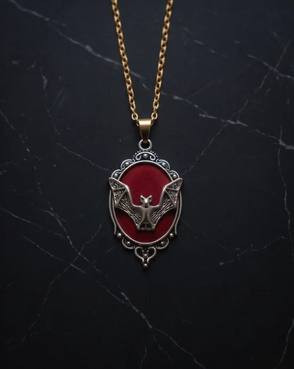 Antique Silver Gothic Bat Red Enamel Medallion Chain Necklace
