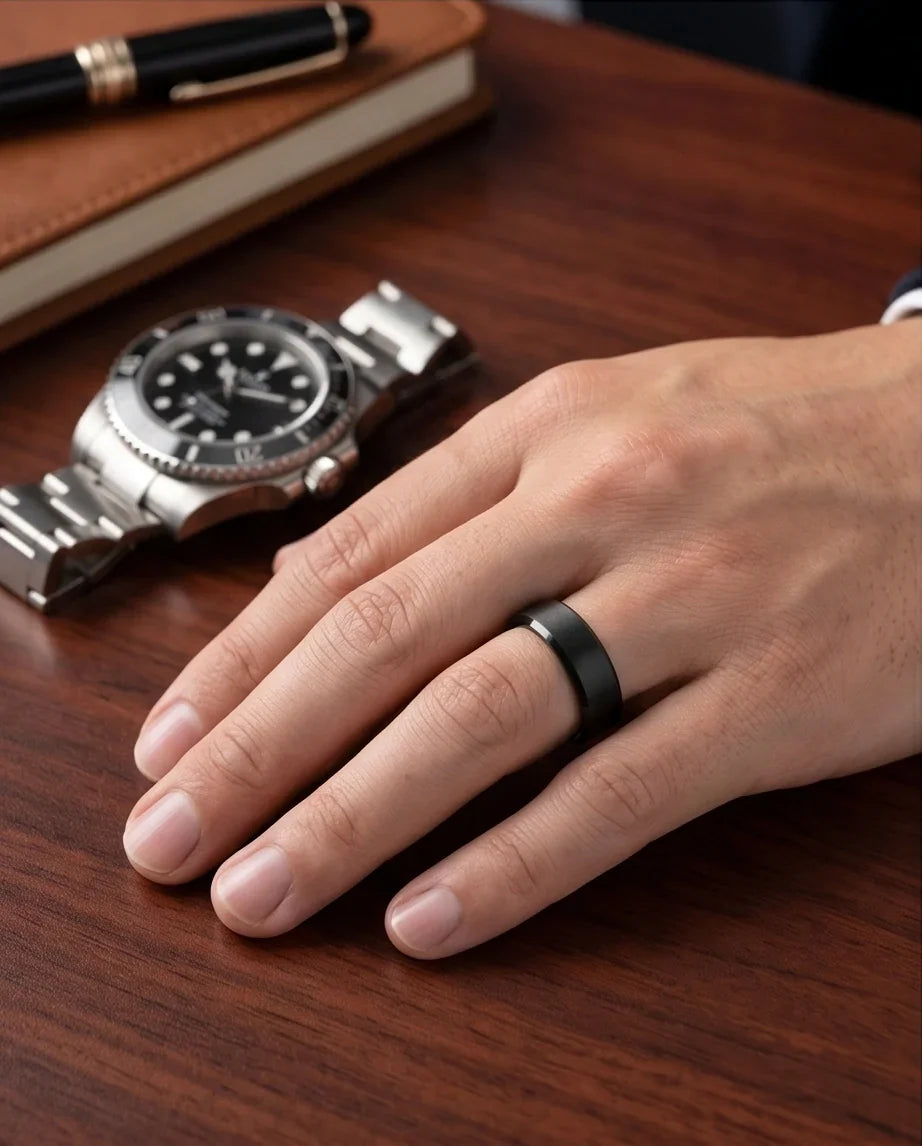 Minimalist Matte Black Beveled Band Ring