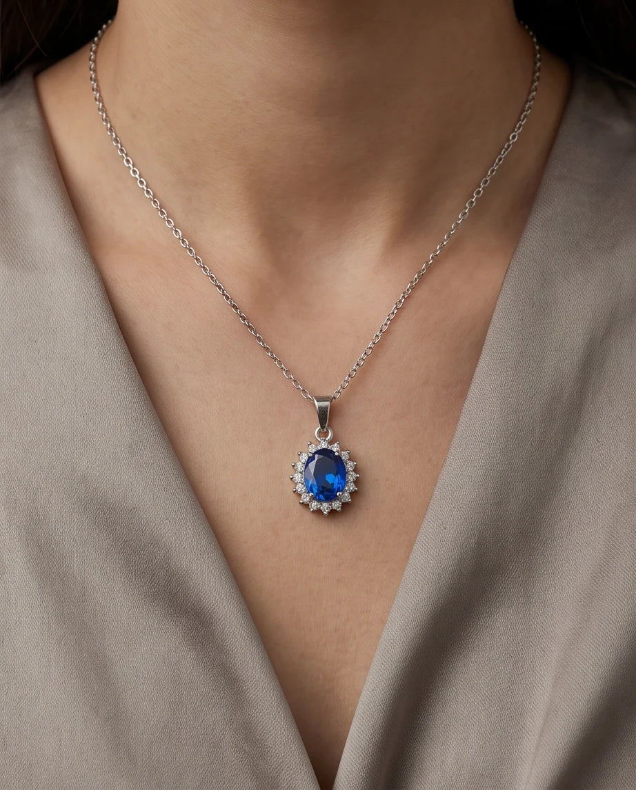 Silver Sapphire Blue Oval Halo Medallion Pendant Necklace