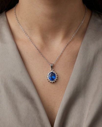 Silver Sapphire Blue Oval Halo Medallion Pendant Necklace
