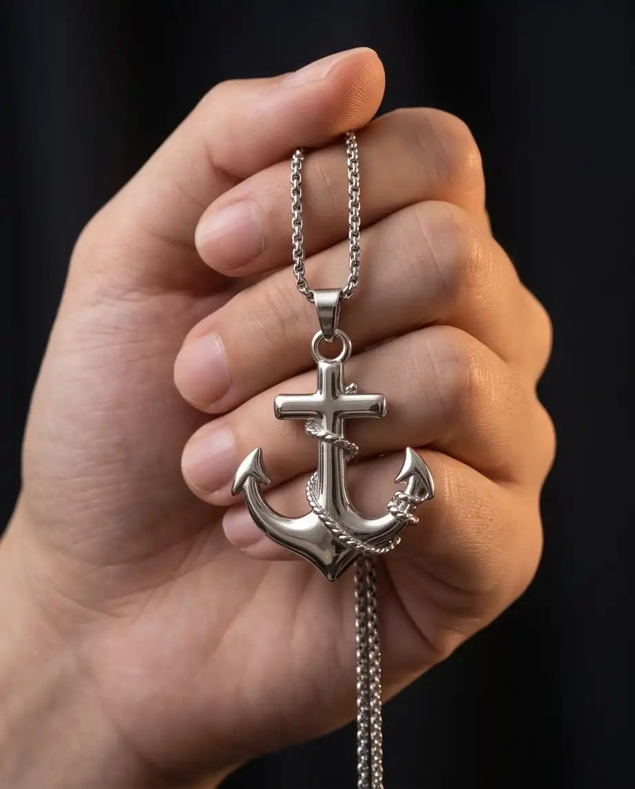 Mariner's Anchor and Cross Pendant Box Chain
