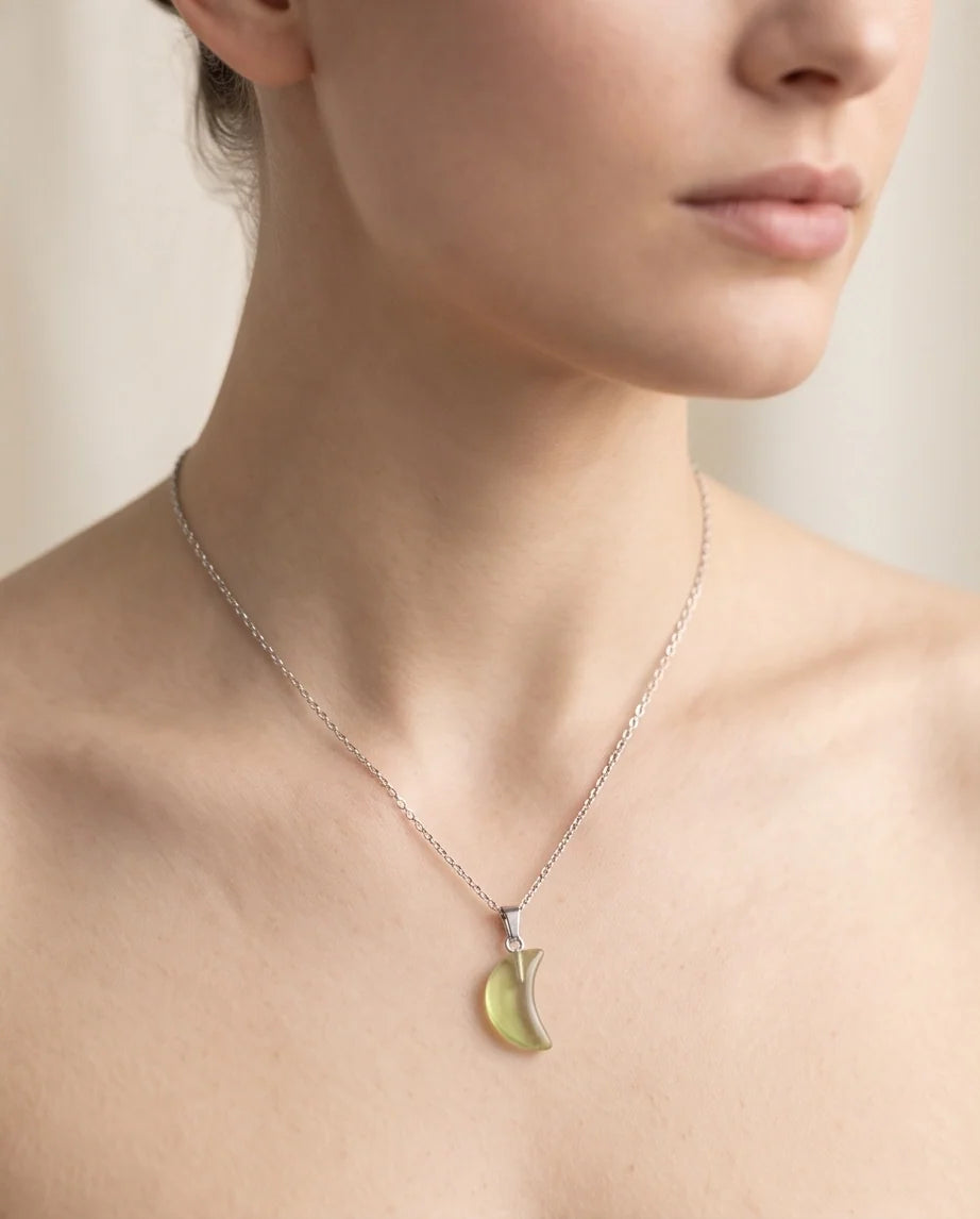 Silver Fluorite Light Green Crescent Moon Pendant Necklace