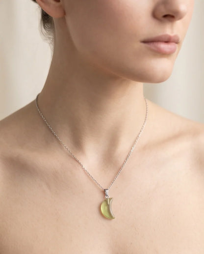 Silver Fluorite Light Green Crescent Moon Pendant Necklace