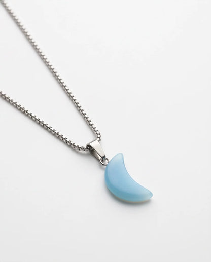 Silver Light Blue Crescent Moon Resin Pendant Necklace