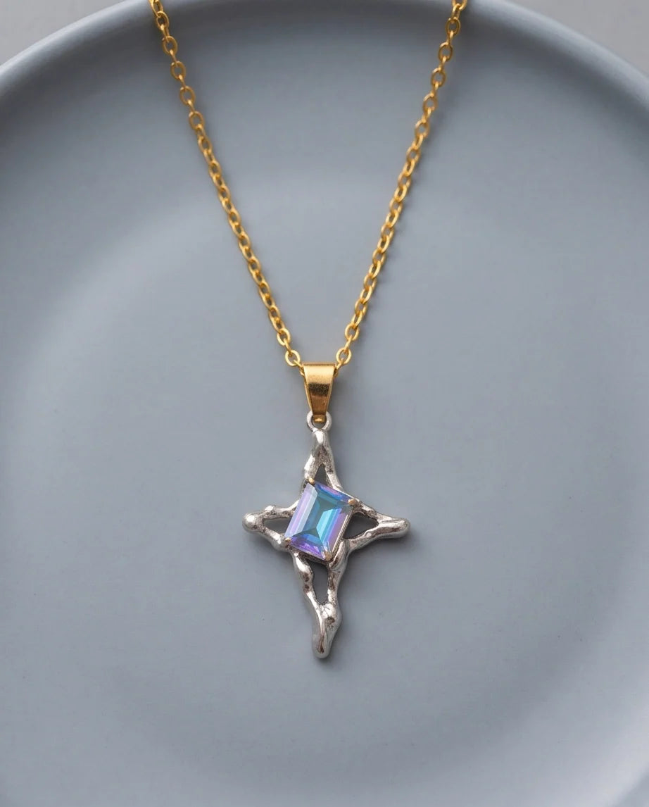 Silver Blue-Purple Gemstone Gothic Cross Pendant Necklace