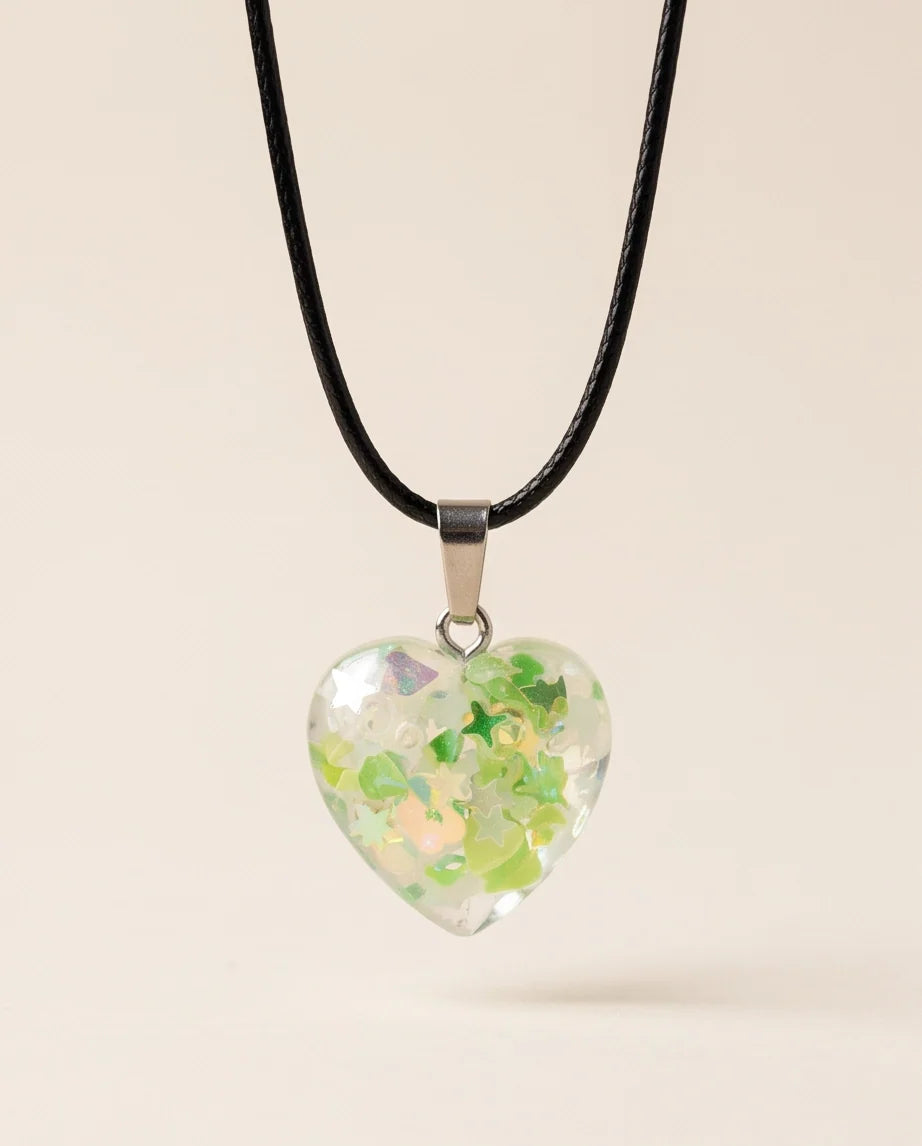 Silver Lime Green Glitter Heart Resin Pendant Necklace